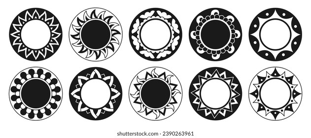 Sun abstract emblem set. Ethnic bohemian style various suns. Sunny ornamental flat retro sticker collection. Summer vector isolated illustration for tattoo, poster, print card book, wallpaper textile