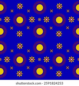 sun and abstract flowers on blue background seamless pattern for textiles oriental motifs packaging background