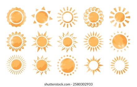 Sun abstract icon clipart set. Yellow sun clip art summer symbol flat collection with variety of sunrays vector illustration. 
