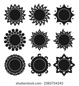 Sun abstract silhouette set. Ethnic bohemian style various suns. Sunny ornamental flat retro sticker sign collection. Summer vector isolated illustration for tattoo, print card book, wallpaper textile