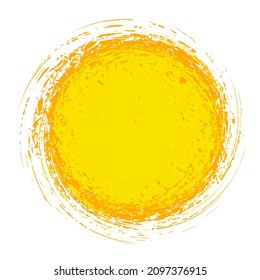 Sun, abstraction of a circle, grunge round shape, grunge banner loose, torn yellow color texture isolated on white background. Graphic design element for web, corporate identity, cards, prints etc. Ve