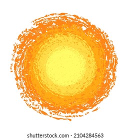 Sun, abstraction of a circle, grunge round shape, grunge banner loose, torn yellow color texture isolated on white background. Graphic design element for web, corporate identity, cards, prints etc. 