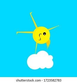 Sun is an active cartoon character standing on one hand on a fluffy white cloud in the blue sky. The concept of Vigorous morning and nature.