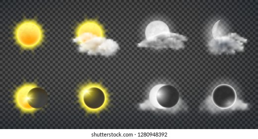 Sun activity or weather forecast, moon calendar 3d realistic vector design elements set. Sun, full and young moon disks in clouds and during eclipse illustrations isolated on transparent background