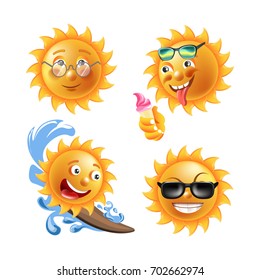 Sun with adorable funny faces isolated illustrations set