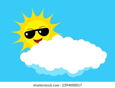 The sun, adorned with cool sunglasses, playfully peeks from behind a fluffy cloud, radiating positivity and lightheartedness
