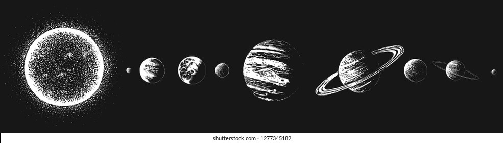 Sun and all planets of Solar system.Hand drawn style.Astronomy design.Vector image