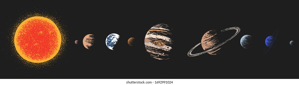 Sun and all planets of Solar system.Hand drawn style.Astronomy design.Color version.Vector illustration