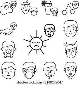 Sun, allergic face icon in a collection with other items