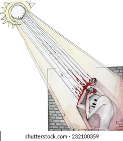 Sun allergy. Wan hiding from the sun behind a stone wall. Watercolor illustration isolated on white background