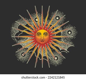 sun among clouds and stars, retro print on t-shirt