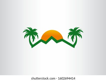 Sun among the coconut trees vector template design. The view of the sun concept