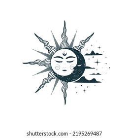 Sun among the moon, clouds and stars. Celestial design for tattoo, astrology, sticker, tarot. Hand drawn vector illustration  in boho style, isolated on white background.