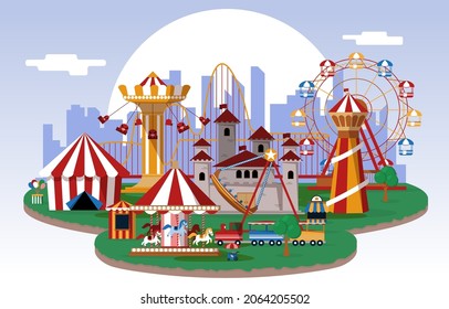 Sun Amusement Park Fun Fair Carnival Flat Vector Illustration