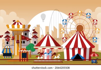 Sun Amusement Park Fun Fair Carnival Flat Vector Illustration