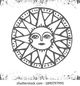 The sun in the ancient style isolated on a white background. Picture for use in Celtic, Viking, Germanic mythology. 
Vector monochrome illustration.