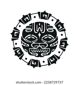 Sun Angry Face. Maori Tattoo Ornament. Ethnic Mask. Black and White Vector illustration