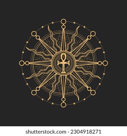 Sun and ankh cross esoteric occult pentagram, magic tarot sign. Vector solar star with egyptian mysterious symbol inside of circle. Alchemy, mystic mason symbol, amulet or talisman, tattoo design