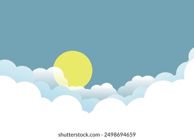 the sun appears from behind the clouds many white clouds against the blue sky simple illustration color and gradient