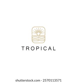 sun with arch logo, sunset sunrise with beach ocean sea water logo icon vector in trendy line linear, abstract outline logo vector for hotel or spa
