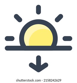 Sun with arrow down in yellow filled color icon. Sunset, sunlight, afternoon, evening, summer