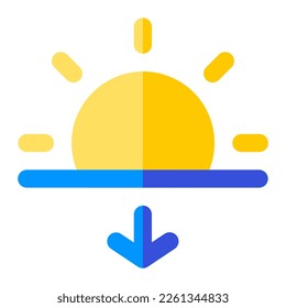 Sol con flecha plana en el icono de contorno. Atardecer, luz solar, tarde, noche, verano
