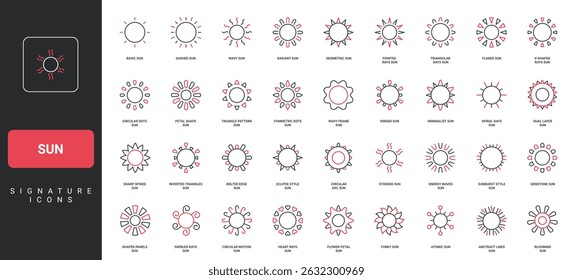 Sun assortment of different rays types and round frame, sunlight decoration line icon set. Sunny weather in summer and spring, winter and autumn thin black and red symbols vector illustration