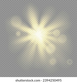 Efecto de luz radial aura solar. Atardecer o subir halo en el objetivo de la cámara. Fondo radiante estelar de bokeh. Ilustración png vector de brillo dorado.