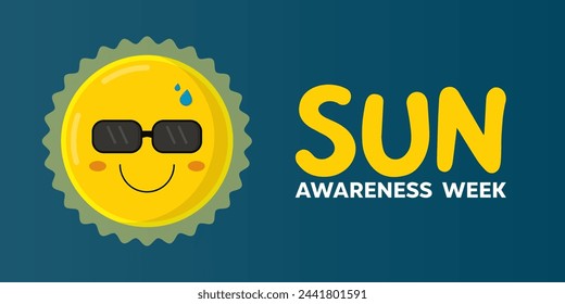 Sun Awareness Week. Sun and Glasses . Great for cards, banners, posters, social media and more. Dark blue background.