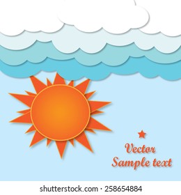 sun background. Blue sky with clouds. Vector and text