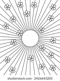 Sun background with rays and cherry blossoms. Coloring page, black and white vector illustration.