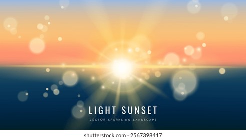 Sun background. Shine flare. Glow sunrise effect. Light sunset. Golden sunshine bokeh. Sunlight ray. Bright sky flash. Magic horizon. Glare burst. Shiny sunbeam. Star glitter. Vector landscape sparkle