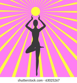 The sun background with a silhouette of woman in meditation