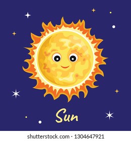 Sun in background of space and stars. Cute funny character. Vector illustration of Solar System object in cartoon flat style.