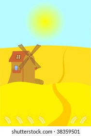 Sun background. Wheat field with windmill