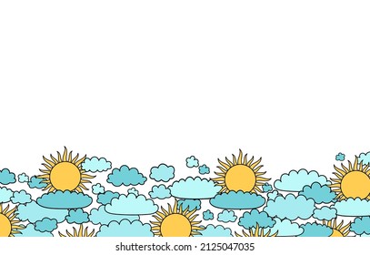 Sun backround. Cartoon sun and clouds. Night children backdrop. Color pastel heavenly body. Bedtime stories. Sun texture. Kids background. Sun and clouds border, banner.