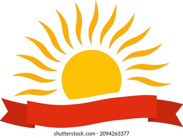 Sun badge with red festive ribbon. Isolated sun icon on white background. Vector illustration. Vector.