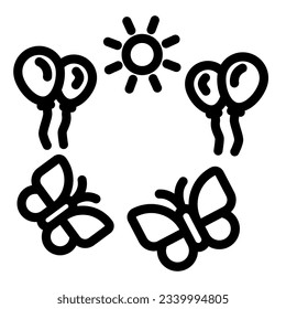 Sun and balloons with butterflies line icon, 1st June children day celebration concept, summer holidays in childhood sign on white background, Sunny day, two butterfly and balloon symbol