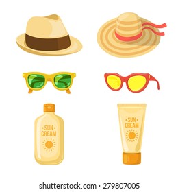 Sun balm, glasses and hats. Sun protection symbols collection. Body and face summer care.