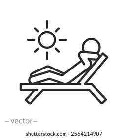 sun bath icon, sunbathing person, human on chaise lounge, natural tan, thin line vector illustration eps10