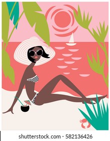 Sun bathing tanned woman at the beach. Cancer female horoscope sign. vector illustration