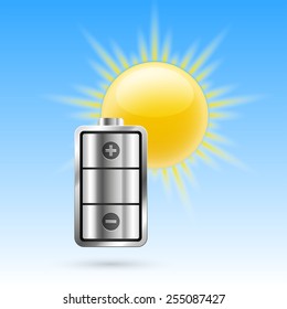 Sun and battery. The design concept of solar energy. Vector illustration
