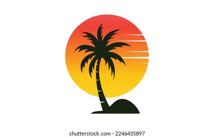 sun beach logo design, sunset with island logo design vector illustration