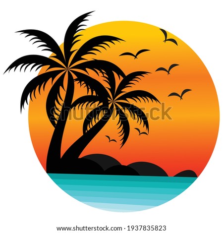 sun beach logo design, sunset with island logo design vector illustration