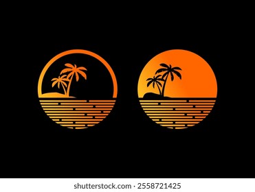 sun beach logo design vector, sunset with island logo design vector illustration