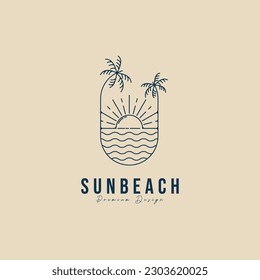 sun beach logo line art design template , with palm tree vector illustration design
