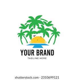 sun and beach logo with trees background