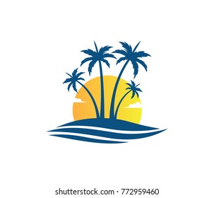 sun beach ocean palm tree vector logo design