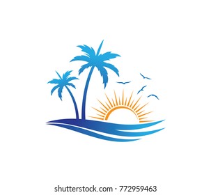 sun beach ocean palm tree vector logo design