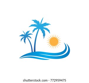 sun beach ocean palm tree vector logo design